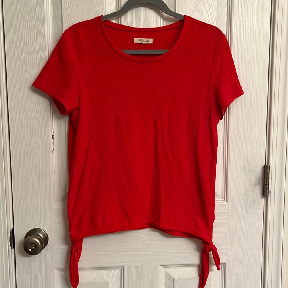Madewell Red Textured Short Sleeve Cotton Top with Side Ties Size Small